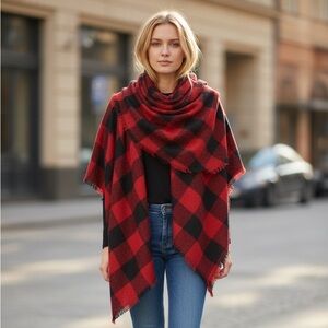New•Peace By Piece Plaid Red and Black Women's Scarf